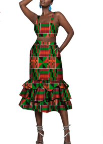 African Print Skirt Set for Women Double Belt Bikini and Skirts